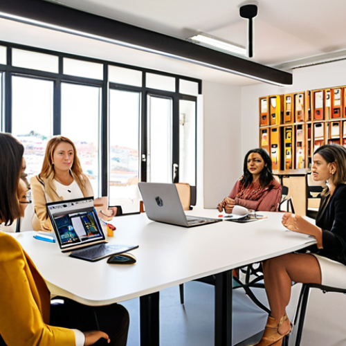 Home 11 ** A modern office space in Lisbon, Portugal. A female business coach is confidently leading a workshop for a diverse group of young entrepreneurs. The scene should convey energy, innovation, and female empowerment. Focus on bright, natural lighting and a professional yet approachable atmosphere.
**