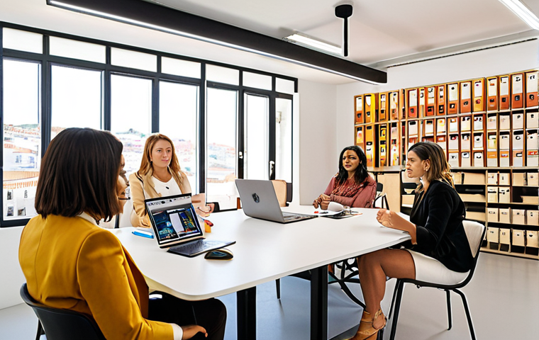 ** A modern office space in Lisbon, Portugal. A female business coach is confidently leading a workshop for a diverse group of young entrepreneurs. The scene should convey energy, innovation, and female empowerment. Focus on bright, natural lighting and a professional yet approachable atmosphere.
**