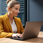 **A successful business coach, using AI tools on a laptop, but still connecting with a client face-to-face, emphasizing empathy and trust. Warm, professional setting.**